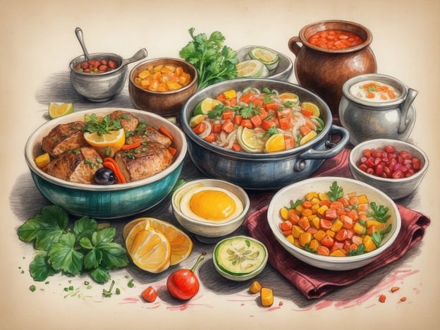 Auf dem Bild sind verschiedene kulinarische Elemente zu sehen, die an die traditionelle irische Küche erinnern, insbesondere an Dublin. Zu den dargestellten Speisen zählen wahrscheinlich herzhaftes Fleisch, Gemüsegerichte und verschiedene Beilagen. Die bunten Schalen mit unterschiedlichen Zutaten könnten typisch für ein irisches Festmahl sein, das oft frische, lokale Produkte wie Karotten, Kartoffeln und Kräuter verwendet.Die Verwendung von Zitrusfrüchten, wie Zitronen und Limetten, kann auf eine moderne Interpretation hinweisen, die in der vielfältigen gastronomischen Szene Dublins zu finden ist. In Dublin spielt die Gastronomie eine große Rolle, und traditionelle Gerichte werden oft mit frischen, saisonalen Zutaten neu interpretiert.