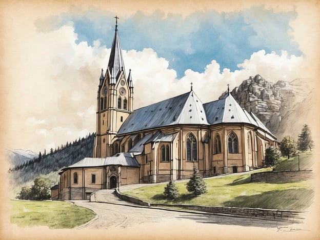 Auf dem Bild ist eine beeindruckende Kirche zu sehen, die durch ihre markante Architektur mit einem hohen Turm und gotischen Elementen besticht. Sie ist von einer malerischen Landschaft umgeben, die sanfte Hügel und Bäume umfasst.Aktivitäten, die man in dieser Umgebung genießen könnte, sind:- **Besuch der Kirche**: Die Innenräume könnten interessante religiöse Kunstwerke und beeindruckende Glasfenster bieten.- **Wanderungen**: Die umliegende Natur lädt zu ausgedehnten Wanderungen und Erkundungstouren in den Bergen ein.- **Fotografie**: Die schöne Architektur und die Landschaft bieten zahlreiche Möglichkeiten für beeindruckende Fotos.Es handelt sich vermutlich um ein beliebtes Ziel für Touristen und Gläubige gleichermaßen.