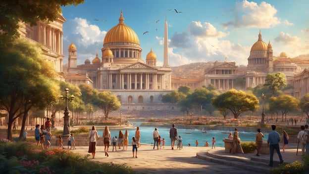 Eine schöne Stadtlandschaft mit großen Gebäuden, goldenen Kuppeln und einem klaren Wasserlauf. Menschen spazieren und genießen die Szene.