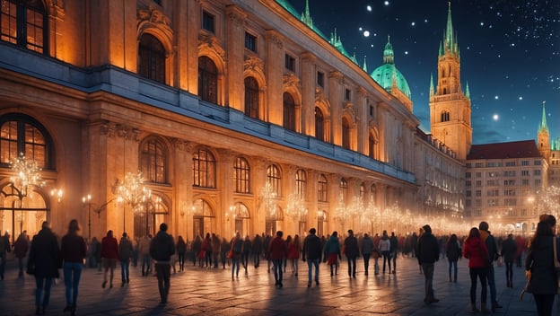 Erlebe magische Lichtkunst bei Münchens Festival of Lights 2025. Menschen flanieren vor erleuchteter Architekturlandschaft.