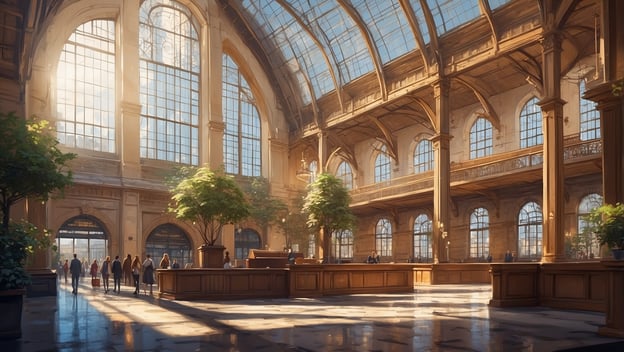 Ein heller, eleganter Bahnhof mit hohen Fenstern, großen Pflanzen und Menschen, die sich in der Eingangshalle bewegen.