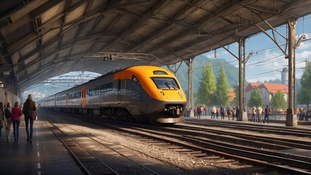 Ein moderner Zug mit orangefarbenem Kopfteil steht auf einem Bahnhof, während Passagiere auf dem Bahnsteig warten.