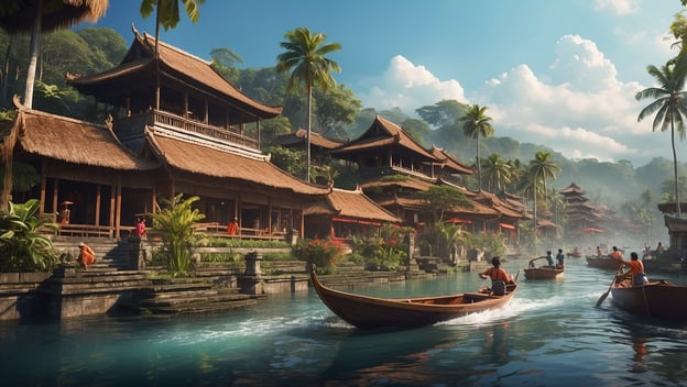 Überflutete Balinesische Landschaft mit Booten, die Urlauber und Einheimische durch das Wasser transportieren, umgeben von Palmen.