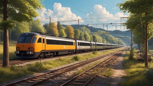 Ein Zug fährt auf einer Bahnstrecke durch eine grüne Landschaft mit Bäumen und sanften Hügeln im Hintergrund.