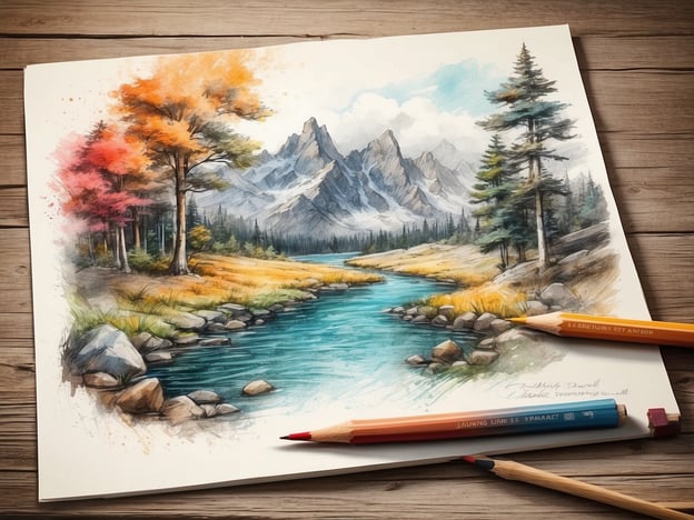 Auf dem Bild ist eine malerische Landschaft zu sehen, die einen Fluss, Wälder und Berge darstellt. Die Farben der Bäume variieren von kräftigem Rot und Orange bis zu sattem Grün, was auf den Herbst hindeutet. Der Fluss schlängelt sich durch die Szene und spiegelt vielleicht die umliegenden Berge wider, die majestätisch im Hintergrund thronen.Solche Szenen erwecken Erinnerungen an Wanderungen in der Natur, wo das sanfte Plätschern des Wassers und das Rascheln der Blätter zu hören sind. In einem solchen Umfeld spürt man die frische, klare Luft und kann einfach dem Zwitschern der Vögel lauschen. Diese Verbindung zur Natur erinnert uns daran, wie wichtig es ist, solche Momente der Ruhe und Schönheit in unserem Leben zu erleben.