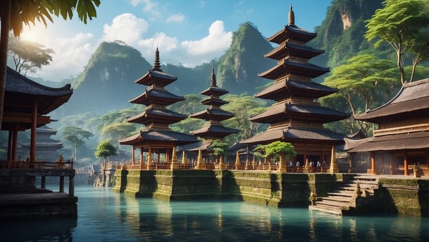 Buddhistische Tempelanlage mit pagodenartigen Türmen, umgeben von Wasser und üppiger Vegetation in einer idyllischen Landschaft.