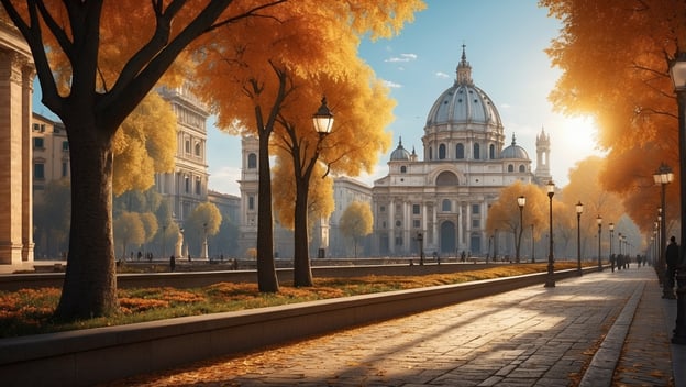 Herbstliche Szene in Rom mit goldenen Bäumen und einer prächtigen Kathedrale im Hintergrund, sanftes Licht am Abend.