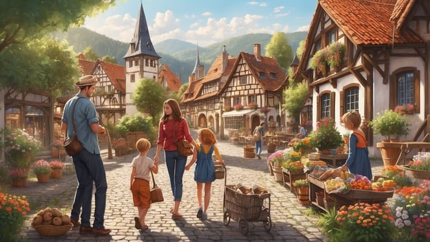 Familie erkundet malerischen Marktplatz mit attraktiven Blumen und frischen Lebensmitteln in einer idyllischen Stadt.