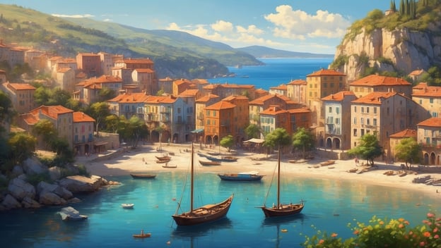 Blick auf einen malerischen Hafen mit bunten Häusern, Booten und einer wunderschönen Küstenlandschaft.