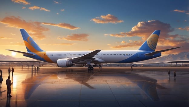 Ein modernes Flugzeug steht am Flughafen bei Sonnenuntergang, umgeben von Passagieren und reflektierendem Boden.