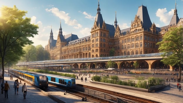 Bahnhof mit beeindruckender Architektur, Zügen, Gleisen und Passagieren auf der Plattform, umgeben von Bäumen und Grünflächen.