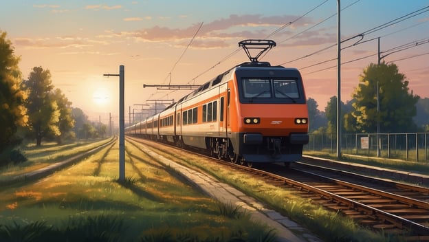 Ein orangefarbener Zug fährt durch eine grüne Landschaft bei Sonnenuntergang, mit Bäumen entlang der Gleise.