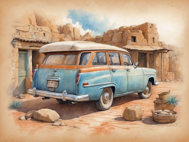Auf dem Bild ist ein nostalgisches Auto zu sehen, das vor einem rustikalen Gebäude in einer wüstenähnlichen Umgebung steht. Solche Autos sind oft Teil von unentdeckten kulturellen Highlights, besonders in Regionen, wo alte Fahrzeuge und traditionelle Architektur zusammenkommen. Diese Szenerie könnte beispielsweise eine alte Ortschaft in Mittel- oder Südamerika darstellen, wo Geschichte und Handwerk in der Architektur oder in den verwendeten Materialien sichtbar sind.Die Kombination aus dem klassischen Auto und den natürlicheren Elementen wie Steinen und Pflanzen verstärkt den historischen Charme des Motivs, das ein Gefühl von Erinnerung und Tradition vermittelt. Solche Orte sind oft reich an Geschichten und lokalen Bräuchen, die es wert sind, entdeckt zu werden.