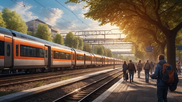 Bahnsteig mit wartenden Reisenden und einem Zug, der am Gleis steht, im Hintergrund Bäume und Gebäude.
