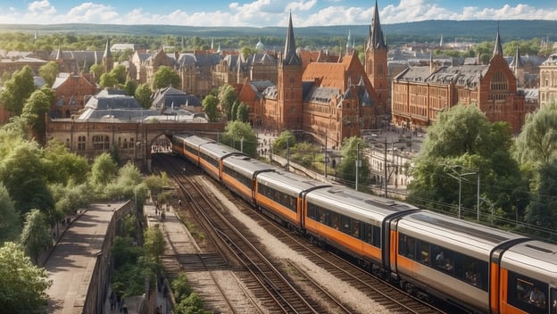 Blick auf eine Bahnhofsszene mit einem Zug, der durch eine Stadt mit historischen Gebäuden und Bäumen fährt.