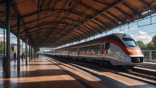 Ein Zug steht an einem Bahnsteig, vielerlei Passagiere sind zu sehen, es herrscht Unruhe aufgrund von Verspätungen.