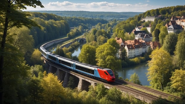 Ein Zug fährt über eine Brücke in einer grünen Landschaft mit Bäumen und einem Fluss im Hintergrund. Historische Gebäude sind sichtbar.