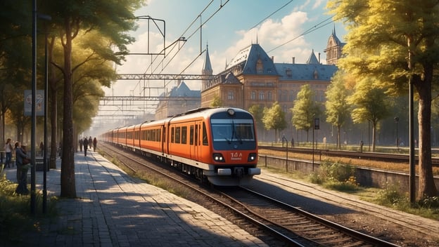 Ein orangefarbener Zug fährt an einem Bahnhofsgebäude mit historischer Architektur vorbei, umgeben von Bäumen und Passanten.