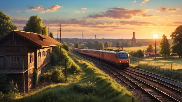 Ein Zug fährt entlang einer Eisenbahnlinie bei Sonnenuntergang, umgeben von Bäumen und einem alten Holzgebäude.