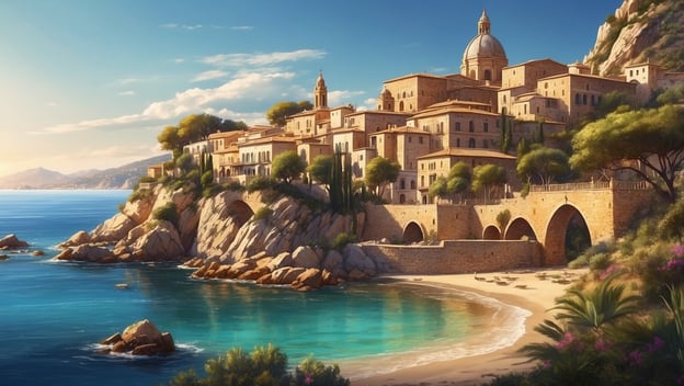 Eine malerische Küstenstadt mit historischen Gebäuden, umgeben von klarem Wasser und einem schönen Strand im Sonnenlicht.