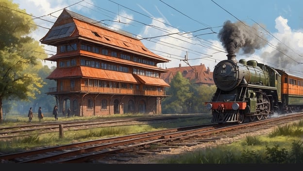 Eine Dampflok fährt an einem historischen Stellwerk vorbei, während Passanten auf dem Gleis laufen. Der Himmel ist blau und klar.