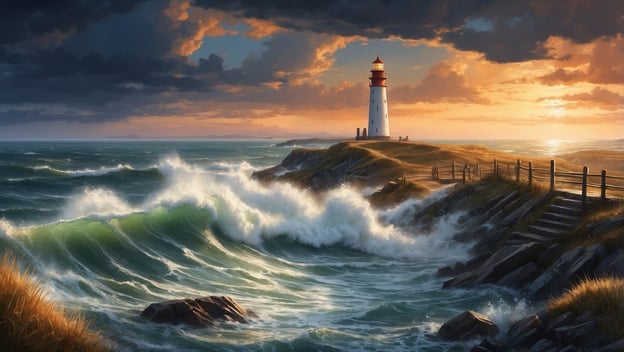 Küstenlandschaft mit Leuchtturm, stürmisches Meer und hohe Wellen, dramatischer Himmel bei Sonnenuntergang.