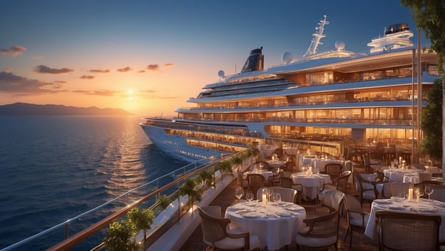 Elegante Terrassen mit gedeckten Tischen auf einem Kreuzfahrtschiff im Sonnenuntergang über dem Meer.