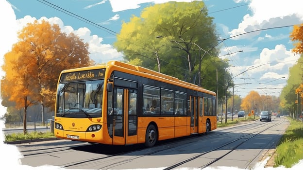 Gelber Bus fährt auf einer Straße, umgeben von Bäumen im Herbst, mit blauem Himmel und Wolken.