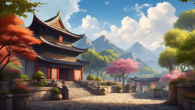 Traditionelles chinesisches Gebäude umgeben von Blütenbäumen und Bergen im Hintergrund unter einem blauen Himmel.