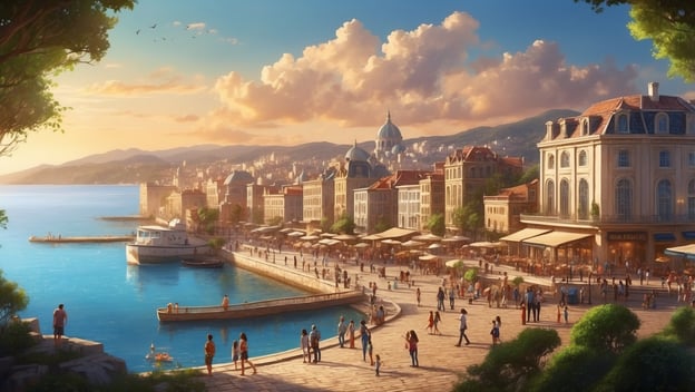Eine malerische Küstenlandschaft mit einem belebten Hafen, historischen Gebäuden und schattigen Plätzen am Wasser.