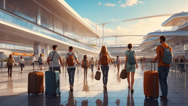 Passagiere mit Koffern und Rucksäcken gehen durch einen modernen Flughafen mit weitläufigen Glasflächen und vielen Menschen.
