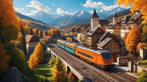 Ein orangefarbener Zug fährt über eine Eisenbahnbrücke in einer herbstlichen Landschaft mit Bergen und bunten Bäumen.