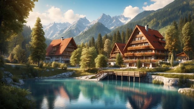 Idyllische Berghäuser am Wasser mit spiegelndem See und umliegenden Bergen in einer malerischen Landschaft.