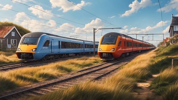 Zwei Züge stehen auf einem Bahngleis, umgeben von hohen Gräsern und einem ländlichen Gebäude im Hintergrund.