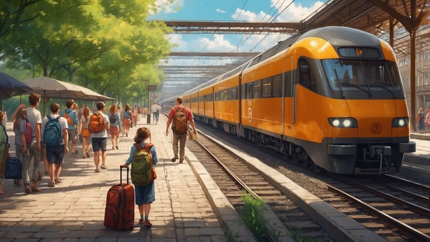 Menschen stehen an einem Bahnhof, während ein gelber Zug einfährt. Einige tragen Rucksäcke und Taschen. Bäume umgeben die Szene.
