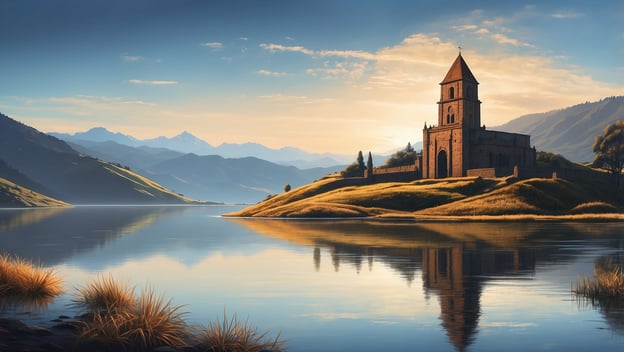 Entdecke den versunkenen Kirchturm am Mediano Stausee mit Berglandschaften und ruhiger Wasseroberfläche.