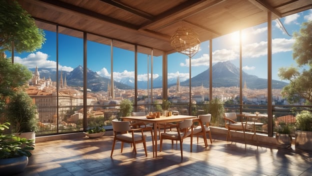 Lichtdurchfluteter Wohnraum mit großem Fenster, Blick auf Berge und Stadt, moderne Möbel und Pflanzen, gemütliche Atmosphäre.
