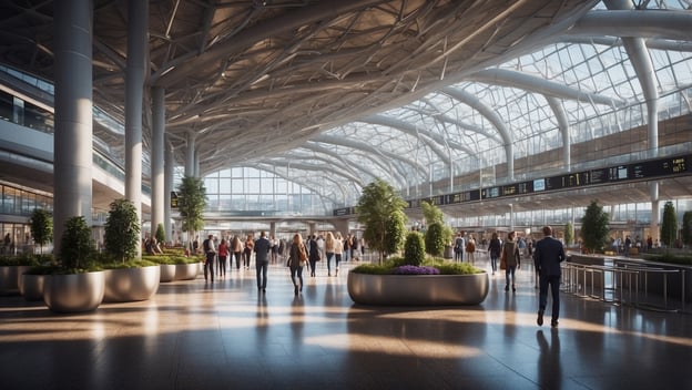 Ein moderner Flughafen mit großen Glasflächen, vielen Reisenden und Pflanzen in runden Blumenkübeln.