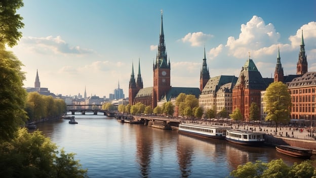 Hamburgs Innenstadt mit historischen Gebäuden und einer Brücke über den Wasserkanal, unter blauem Himmel mit Wolken.