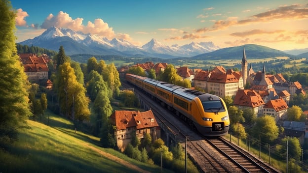 Ein gelber Zug fährt durch eine malerische Landschaft mit Bergen, Wäldern und einem kleinen Ort mit roten Dächern.