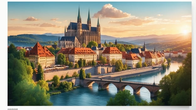 Blick auf eine Stadt mit historischen Gebäuden, einer Brücke und einer Flusslandschaft im warmen Licht der Abenddämmerung.
