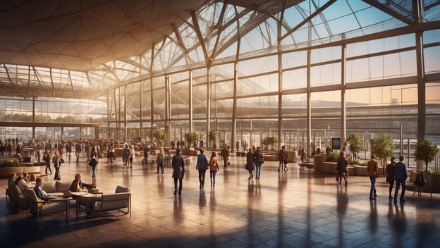 Nutzer gehen in einem modernen Flughafen mit großen Fenstern und Pflanzen, im Hintergrund ist der Himmel zu sehen.