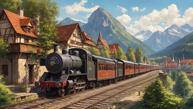 Eine dampfbetriebene Lokomotive fährt durch eine malerische Landschaft mit Bergen und traditionellen Häusern.
