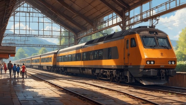 Ein orangener Zug steht in einem Bahnhof mit großen Fenstern, während Passagiere auf dem Gleis gehen.