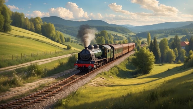 Eisenbahn-Dampflokomotive fährt durch eine grüne Landschaft mit Hügeln und Bäumen unter blauem Himmel und Wolken.