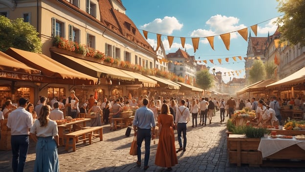 Voller Marktplatz mit Menschen, Tischen, Ständen und bunten Fahnen. Sonne scheint auf feierliche Atmosphäre.