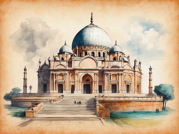 Auf dem Bild ist eine beeindruckende architektonische Struktur zu sehen, die an die großen Mausoleen und Grabstätten des historischen Indien erinnert. Die monumentale Kuppel und die kunstvollen Details deuten auf den Einfluss der islamischen Architektur hin. Solche Bauwerke sind oft mit kulturellen Schätzen assoziiert, die die Geschichte und das Erbe eines Landes verkörpern.Es könnte sich um eine stilisierte Darstellung eines berühmten Bauwerks wie des Taj Mahal oder des Humayun-Grabmals handeln. Diese Orte sind nicht nur architektonische Meisterwerke, sondern auch wichtige Symbole für die Kunst und Kultur der Mogulzeit in Indien. Sie sind bekannt für ihre Schönheit und die prächtigen Gärten, die sie oft umgeben.