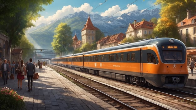 Ein moderner orange-schwarzer Zug steht an einem Bahnhof, umgeben von Passanten und einer malerischen Berglandschaft.