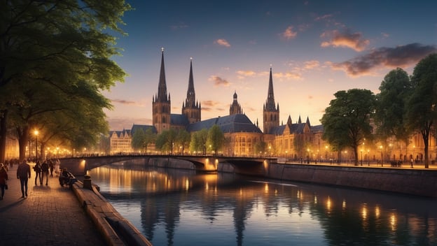 Abendlicher Blick auf die Illumination von Gebäuden entlang eines Flusses in Hannover mit Menschen am Ufer und Bäumen.