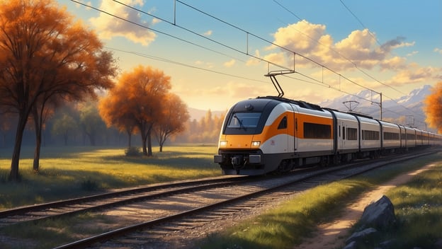 Ein moderner Zug fährt durch eine herbstliche Landschaft mit orangefarbenen Bäumen und Bergen im Hintergrund. So wird deine Bahn wieder pünktlich und stressfrei für dich!